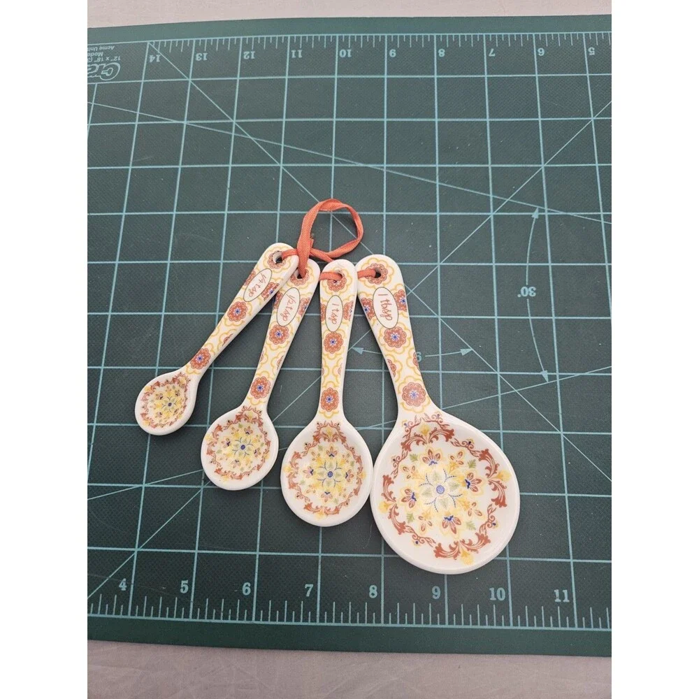 Ceramic Measuring Spoons Set of 4 White Yellow Orange Floral Boho Kitchen